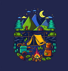 Camping Tent With Mountains Forest For Logo