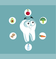 Happy Tooth Surrounded By Good Food Cartoon