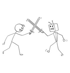 Human Person And Robot Or Ai Fighting With Swords