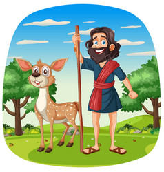 Cartoon Shepherd Standing With A Friendly Deer