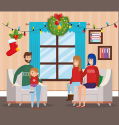 Family In Livingroom With Christmas Decoration