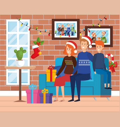 Family In Livingroom With Christmas Decoration