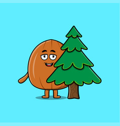 Cute Cartoon Almond Nut Character Hiding Tree