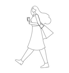 Girl Hold Coffee Cup And Walk Line Art