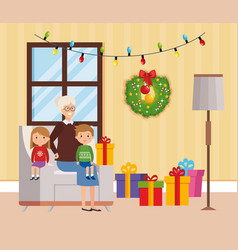 Family In Livingroom With Christmas Decoration