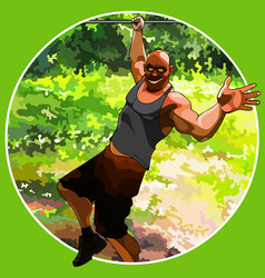 Cartoon Funny Muscular Man Hanging On One Hand