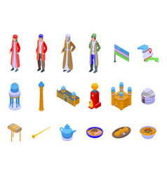 Uzbekistan Icons Set Isometric National