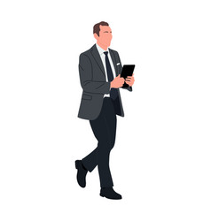 Business Man Character Walking With Digital Tablet