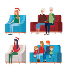 Family In Livingroom With Christmas Decoration