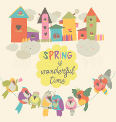 Cute Colorful Birds And Birdhouses In Spring