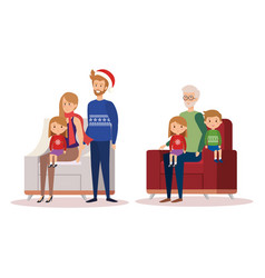 Family In Livingroom With Christmas Decoration