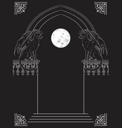 Gothic Arch With Black Cats Gargoyles Hand Drawn