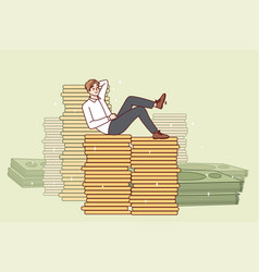 Happy Businessman Sitting On Money Stacks