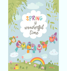 Cute Cartoon Colorful Birds And Spring Landscape