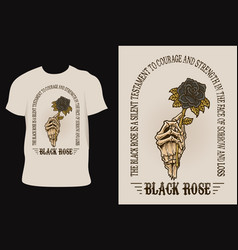 Vintage Skull Hand Holding Black Rose Flower On T