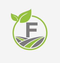 Agriculture Logo On Letter F With Leaf And Field