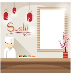 Japanese Chef At Sushi Counter With Blank Sign