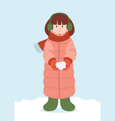 Girl In Winter Clothes Pink Down Jacket And Scarf