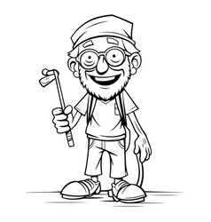 Grandpa With Golf Club - Black And White Cartoon