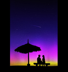 Lovers Sitting On Sand Under Straw Umbrella