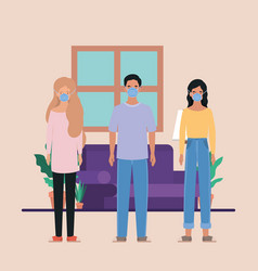 Man And Women With Masks In Living Room