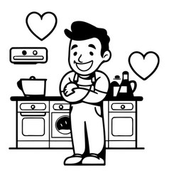 Cute Boy In The Kitchen In Cartoon Style