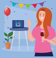 Woman With Wine Cup And Girl On Laptop