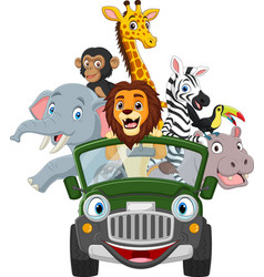 Cartoon Wild Animals Riding A Green Car