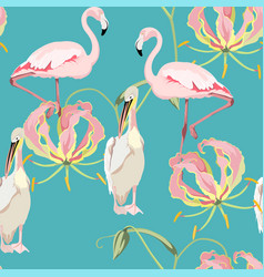 Pelican Flamingo Floral Seamless Pattern