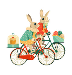 Easter Bunny Girl And Boy Ride Bicycle Festive Art