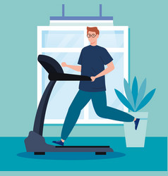 Exercise At Home Man Running On Treadmill Using