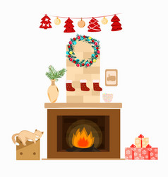 Christmas Fireplace With Cat Decorations And Gifts