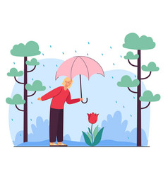 Woman Looking At Flower Under Rain