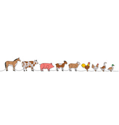 Set Of Farm Animal Colored One Line Horse Cow