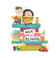 Boy And Girl Sitting On Piles Of Books Back