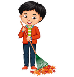 Boy Raking Leaves On White Background