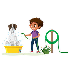 Cartoon Boy Washing Her Dog