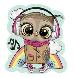 Cartoon Owl Girl In Coat With Pink Headphones