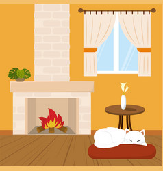 Cute Pet Resting On Living Room With Fireplace