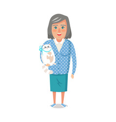 Elderly Woman In Blue Jacket Pet Cat Grandmother