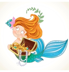 Cute Little Mermaid Holding A Treasure Chest