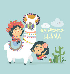 Funny Llama Alpaka With Cute Mexican Girls