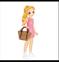 Girl In Pink Dress With Wicker Bag