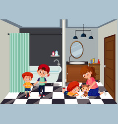 Bathroom Scene With Family Members Cartoon