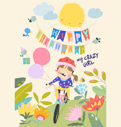 Cartoon Funny Girl Rides Bike With Balloons