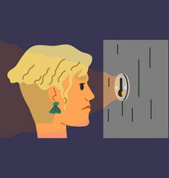 Worried Dissatisfied Woman Peeps Through Keyhole