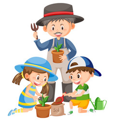 Family Gardening On White Background