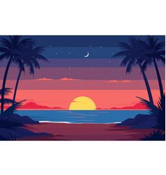 Flat Design Of Beach Nature Scenery With Sun Moon