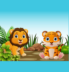 Cute Lion And Tiger Cartoon In The Forest