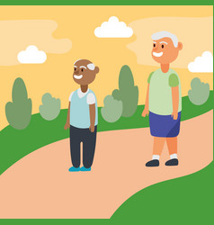 Interracial Old Men Walking In Park Active